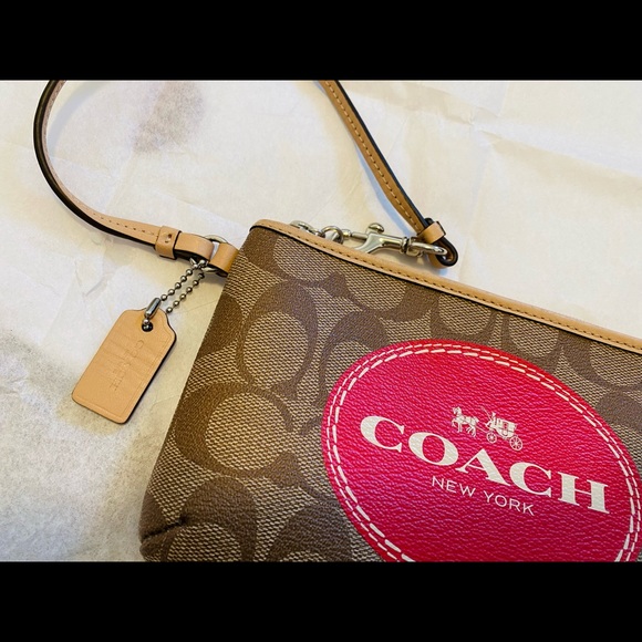 Large Coach Wristlet Brown and Red with Signature Logo - Picture 2 of 5